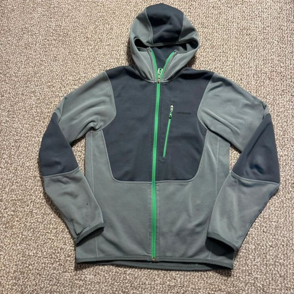 Patagonia Full Zip Hooded Fleece Jacket Gray Navy Green Men's Small